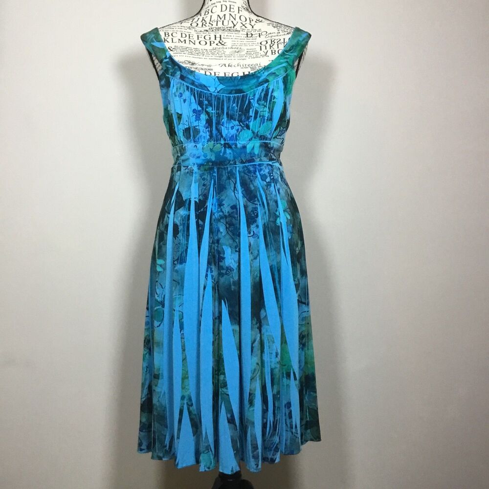 Vintage fairygrunge dress blue green teal babydoll tie back midi stretchy Sz L
